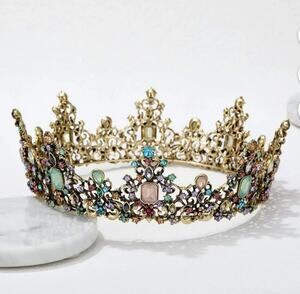 Pastel Rhinestone Crystal Crown Tiara Gold Tone Fantasy Bridal Cosplay Headpiece